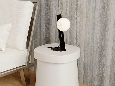 Table Lamp With Black Stand And White Spherical Shade On White Round Table Near Sofa 3d model