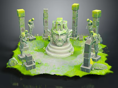 Cartoon Scene With Stone Statues Ancient Columns Central Head Sculpture And Green Grass 3d model