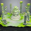 Cartoon Scene With Stone Statues Ancient Columns Central Head Sculpture And Green Grass