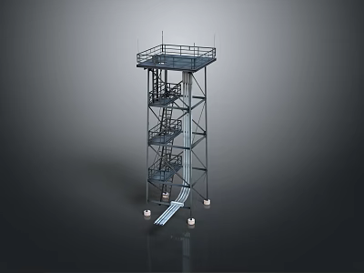 Industrial Metal Structure Tower With External Staircase Platform Railings And Support Legs 3d model
