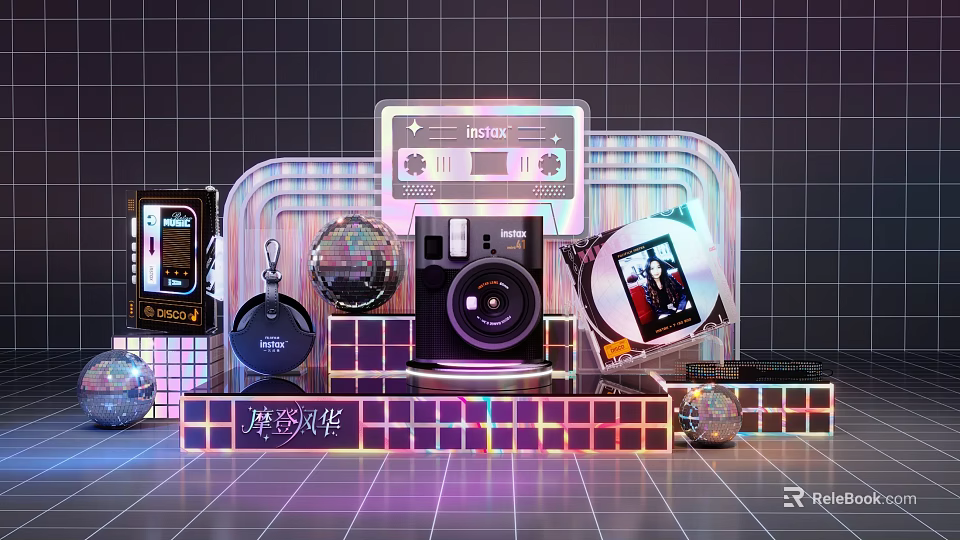 Modern Art Installation With Cassette Tape Camera Disco Ball Neon Lights And Geometric Base Design 3d model 