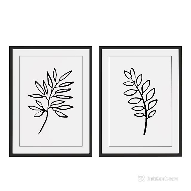 Black Framed Wall Art with Simple Leaf Designs on White Background Set of Two 3d model 