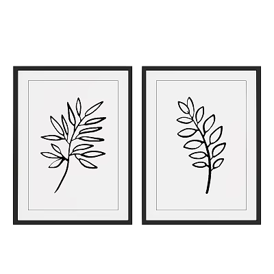 Black Framed Wall Art with Simple Leaf Designs on White Background Set of Two 3d model