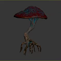 Vibrant Red Mushroom With Blue Spots And Root Like Structures As Edible Food