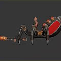 Game and Movie Character Riding Futuristic Mechanical Spider With Red Lights and Flaming Weapon