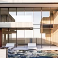Modern Detached Single Family House With Large Glass Windows Columned Entrance Lawn And Driveway