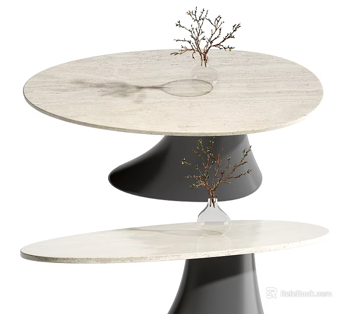 Elegant Modern Dining Table With Layered Structure Light Colored Tabletop Black Base Decorative Vase Branches 3d model