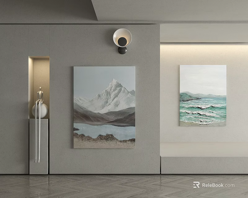 Scenic Landscape Paintings With Mountain And Sea Views On Gray Wall Decor 3d model 