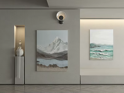 Scenic Landscape Paintings With Mountain And Sea Views On Gray Wall Decor 3d model