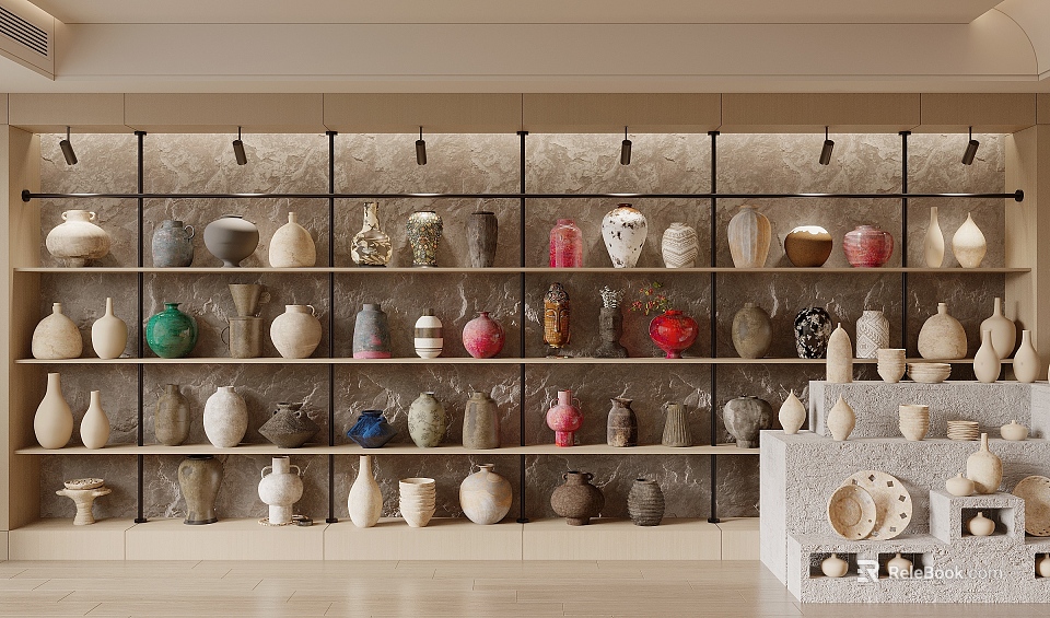 Various Ceramic Wares Display On Wall Shelves With Colorful Patterns And Decorative Shapes 3d model 