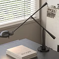 Black Adjustable Arm Desk Lamp On Desk With Book And Window Blinds