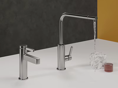 Modern Stainless Steel Kitchen Faucet With Water Flowing And Marble Object On White Countertop 3d model