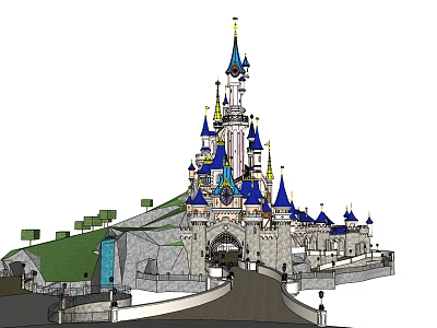 Ancient Architecture Castle With Blue Spires White Walls Green Hillside Stone Pathway Entrance 3d model