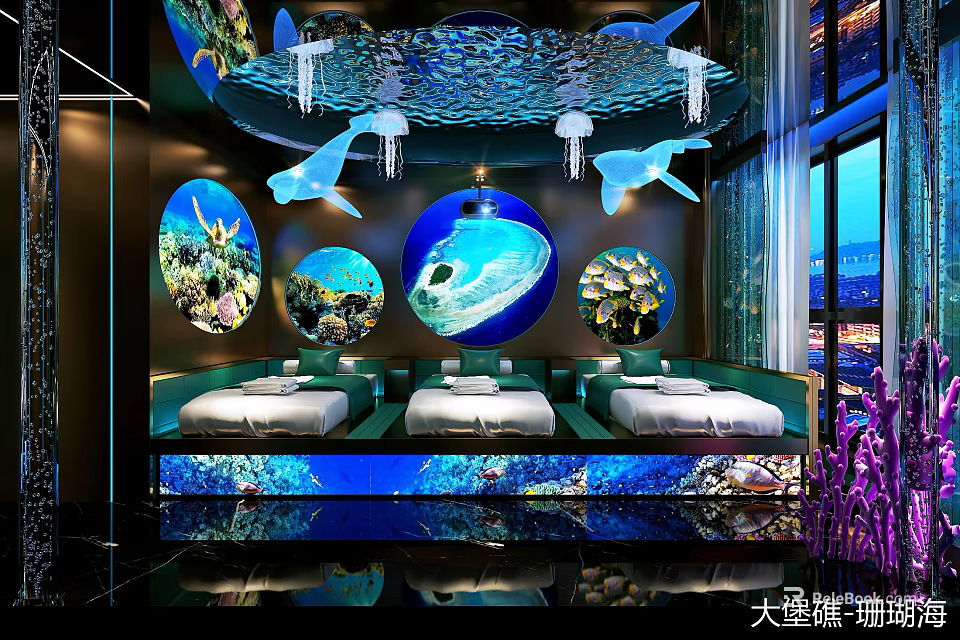 Luxury Underwater Themed SPA Sauna With Circular Coral Fish Decor And Relaxation Beds 3d model 