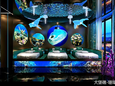 Luxury Underwater Themed SPA Sauna With Circular Coral Fish Decor And Relaxation Beds 3d model