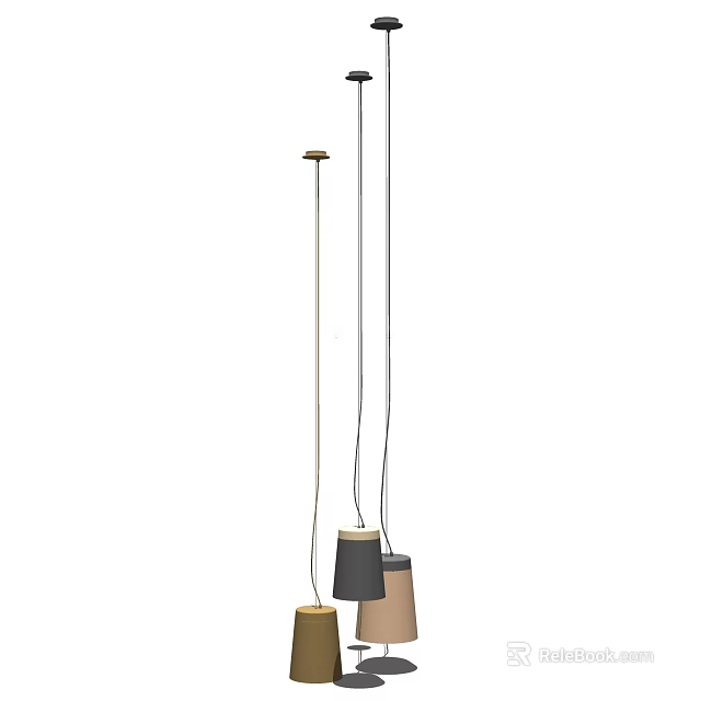 Modern Pendant Light Fixture With Multiple Hanging Lamps In Wood And Black Shades 3d model 