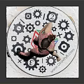 Woman Standing in Pink Patterned Outfit on Circular Platform with Gear Patterns Against Dark Background