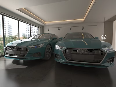 Two Teal Audi Cars In Modern Showroom With Large Windows Modern Lighting And Dark Flooring 3d model