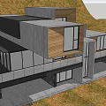 Modern Detached Villa Exterior Design With Gray Wooden Stone Facade And Large Windows