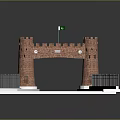 Architectural Model Structure With Red Brick Towers And Black Railings On White Platform