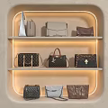 Various Style Bags Displayed On Shelves With LED Lights And Beige Wall Background