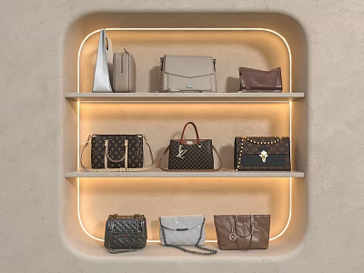 Various Style Bags Displayed On Shelves With LED Lights And Beige Wall Background 3d model