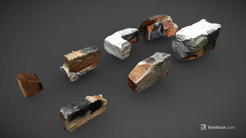 Stone and Wood Blocks with Various Colors Shapes and Natural Textures on Gray Background 3d model 