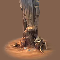 Desert Landscape With Ancient Stone Pillar Surrounded By Bones And Gold Coins