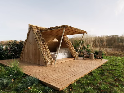 Garden Landscape Featuring Wooden Hut With Thatched Roof Wooden Deck And Outdoor Chairs 3d model