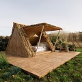 Garden Landscape Featuring Wooden Hut With Thatched Roof Wooden Deck And Outdoor Chairs
