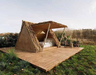 Garden Landscape Featuring Wooden Hut With Thatched Roof Wooden Deck And Outdoor Chairs 3d model
