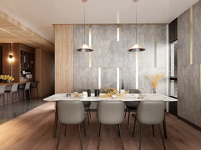 Modern Restaurant Interior With Dining Table Gray Chairs Pendant Lights And Decorative Flowers 3d model