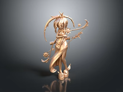 Golden Female Character Statue With Flowers Leaves And Flowing Dress Decorative Elements 3d model