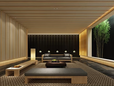 Modern Hotel Public Lounge Interior With Wooden Ceiling Black Accent Wall And Bamboo Plants 3d model