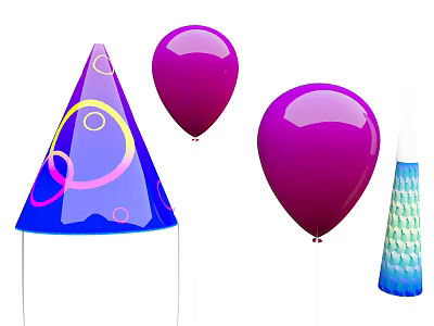 Vibrant Celebration Party Supplies With Purple Balloons Blue Hat And Colorful Circle Patterns 3d model