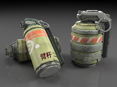 Worn Military Hand Grenade Weapon With Green Body Orange Stripe And Metal Components 3d model