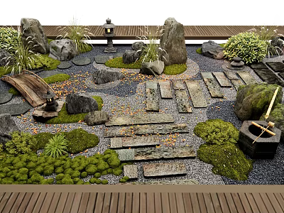 Microlandscape Garden With Stones Moss Slate Path Green Plants And Wooden Deck 3d model
