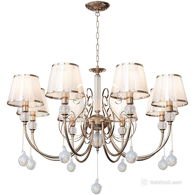 Elegant Chandelier With Multiple Fabric Shades Metal Arms And Hanging Crystal Pendants 3d model 
