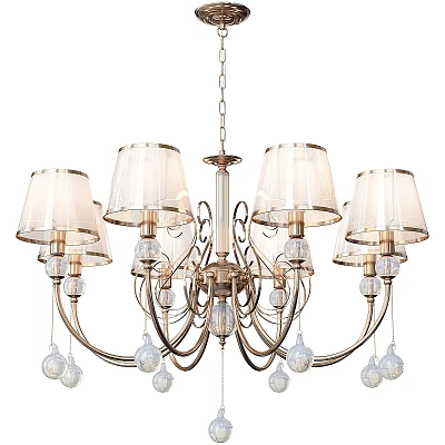 Elegant Chandelier With Multiple Fabric Shades Metal Arms And Hanging Crystal Pendants 3d model