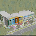 Colorful Modern Kindergarten School Building With Green Trees And Outdoor Playground Area