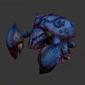 Mythical crustacean creature with blue and purple spiked armor large claws 3D rendered fantasy design