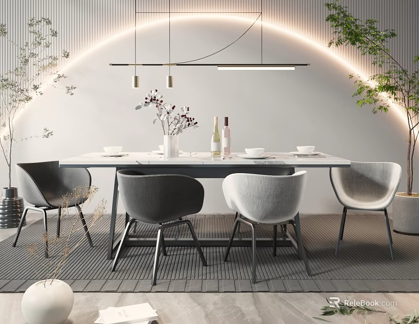 Modern Dining Table Set With Gray White Chairs Arched Lighting And Green Plants 3d model