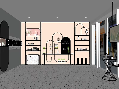 Stylish Specialty Store Interior With Display Shelves Various Products And Green Plants 3d model