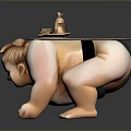 Sumo Wrestler Sculpture In Crouching Pose With Tray Bell And Tea Cup On Back