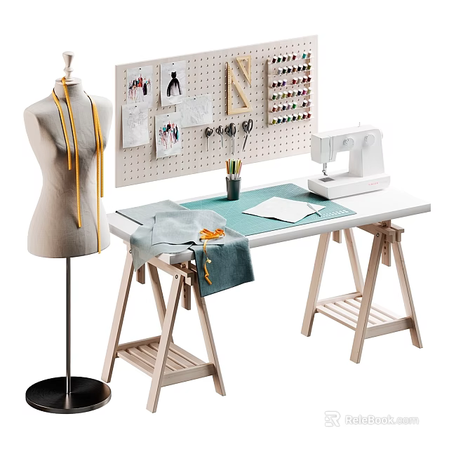 Practical Functional Worktable with Mannequin Pegboard Sewing Machine and Fabric for Crafting 3d model 