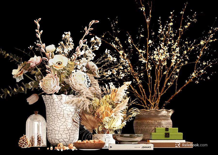 White Ceramic Vase With Pink Flowers And Decorative Branches On Table With Books And Boxes 3d model 