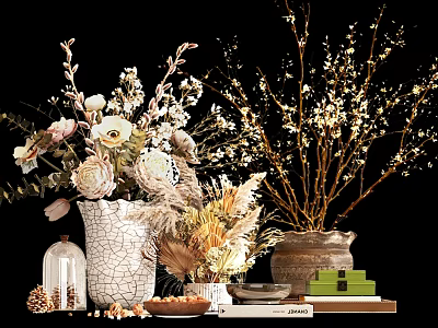 White Ceramic Vase With Pink Flowers And Decorative Branches On Table With Books And Boxes 3d model