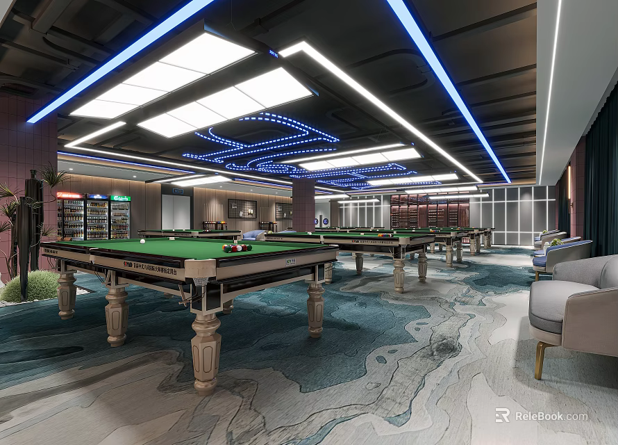 Modern Spacious Billiard Room with Green Tables Blue Ceiling Lighting and Comfortable Sofas 3d model