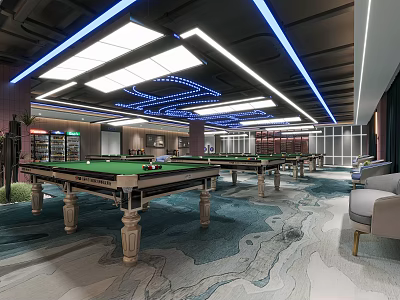 Modern Spacious Billiard Room with Green Tables Blue Ceiling Lighting and Comfortable Sofas 3d model