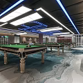 Modern Spacious Billiard Room with Green Tables Blue Ceiling Lighting and Comfortable Sofas 3d model